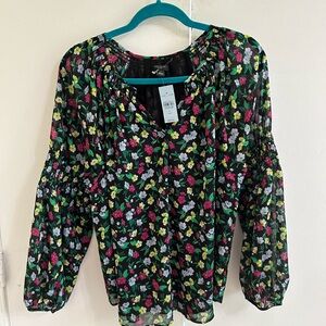 Ann Taylor Black and Pink Ruched Cuffed Sleeve Blouse